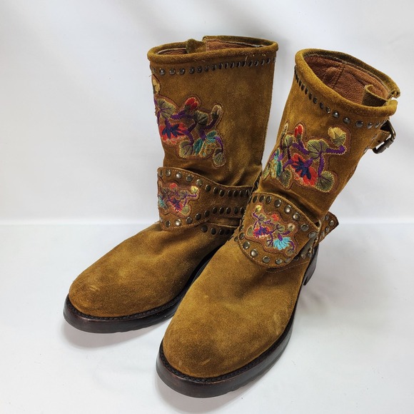 Frye Shoes - Anthropologie Frye Natalie Studded Embroidered Engineer Boots 7.5 Suede Mid Calf
